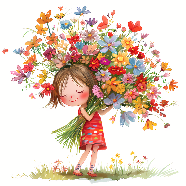 Kid And Huge Flowers Illustrate,Happy,Girl
