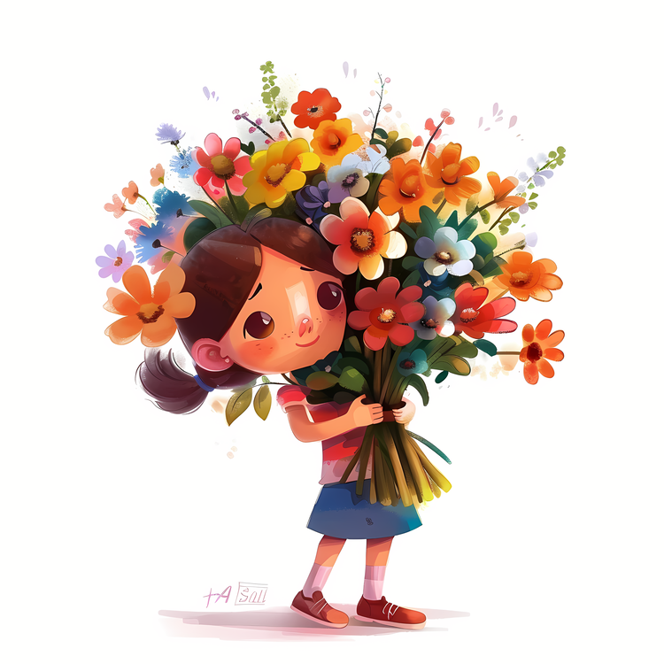 Kid And Huge Flowers Illustrate,Flowers,Girl