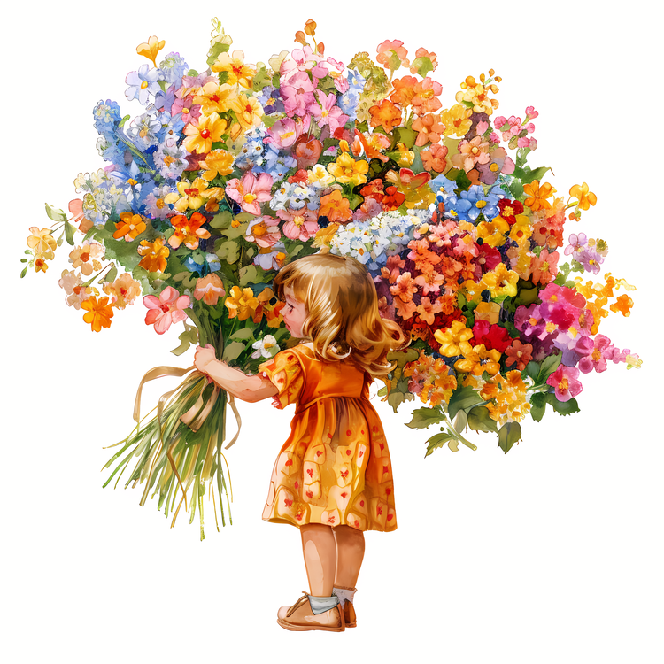Kid And Huge Flowers Illustrate,For   Girl,Flowers