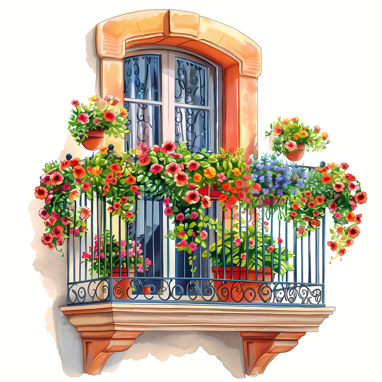 Balcony With Flowers,Balcony,Baskets Of Flowers