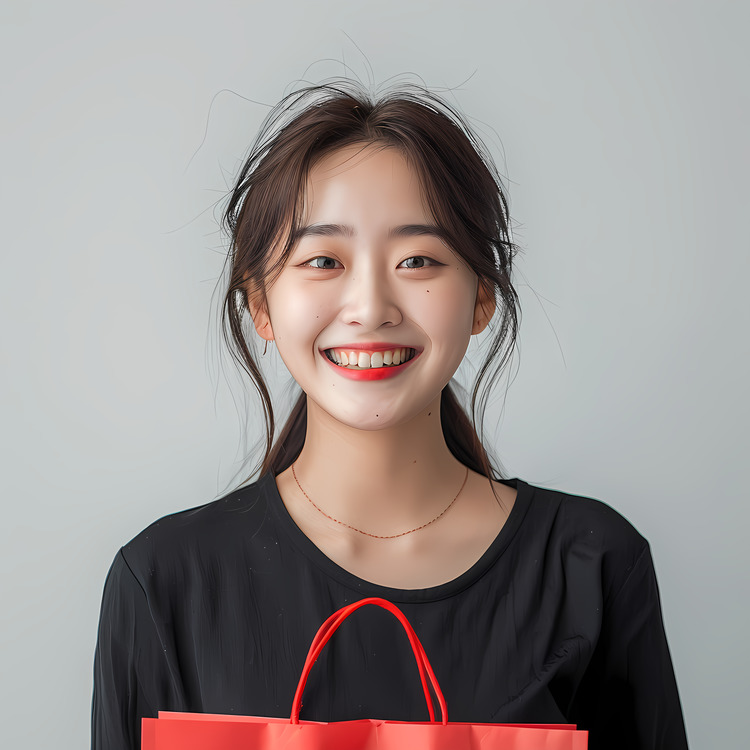 Happy Asian Woman,Asian Woman,Red Bag