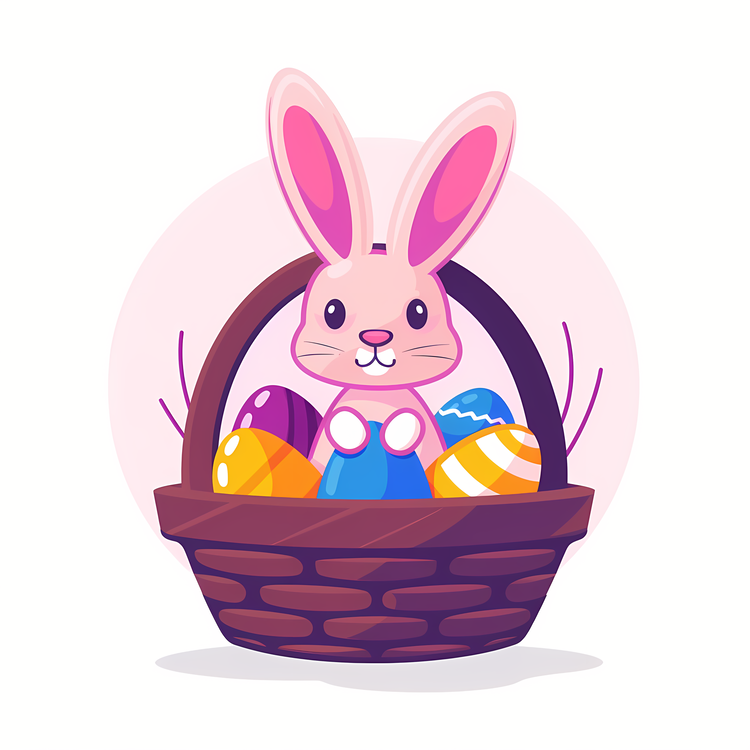 Happy Easter,Bunny In Basket With Eggs,Easter Bunny With Eggs