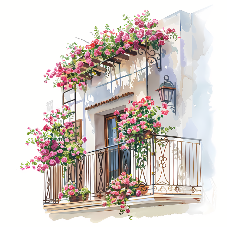 Balcony With Flowers,Watercolor Painting,Flowers On Balcony
