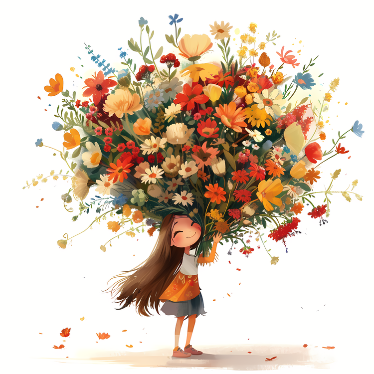 Kid And Huge Flowers Illustrate,Cartoon,Child