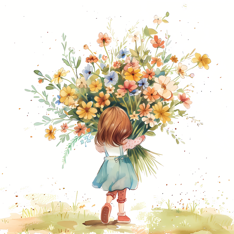 Kid And Huge Flowers Illustrate,Floral,Watercolor