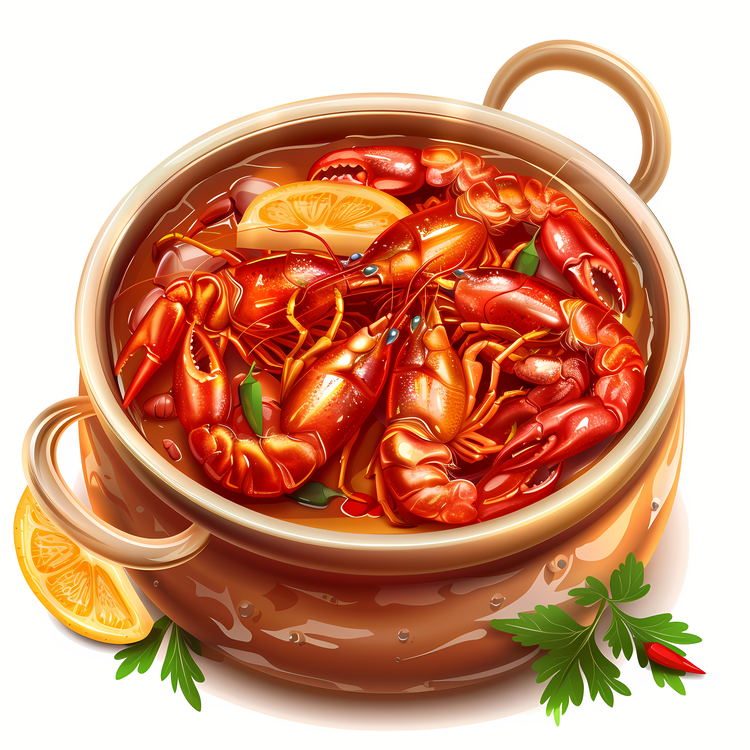 Crawfish,Cooked Lobster In Copper Pot,Lobster Soup In A Copper Pot