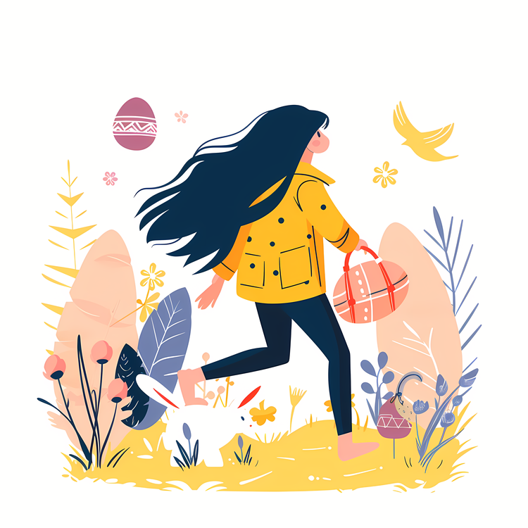 Happy Easter,Woman With Basket On A Hill,Yellow Raincoat