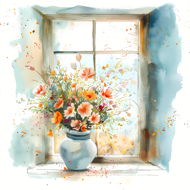 Window With Flowers,Watercolor Painting,Flowers