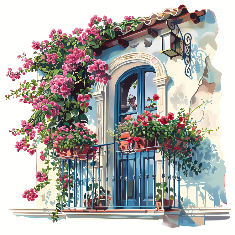 Balcony With Flowers,Painting,Window With Flowers