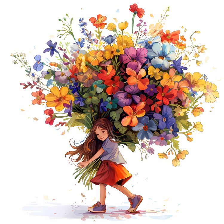 Kid And Huge Flowers Illustrate,Flower,Bouquet