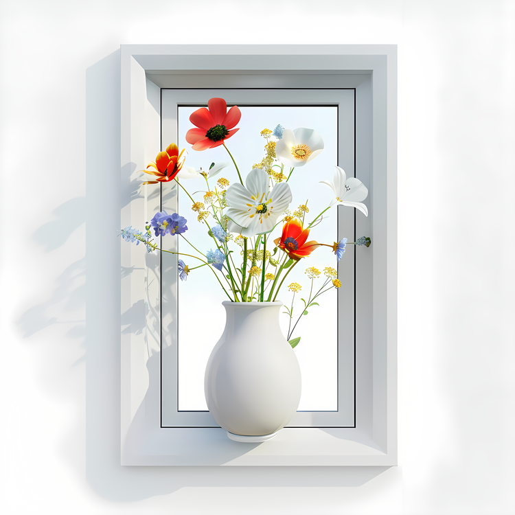 Window With Flowers,Vase,White