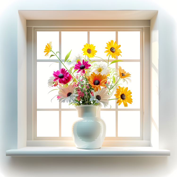 Window With Flowers,Flower Bouquet,Vase