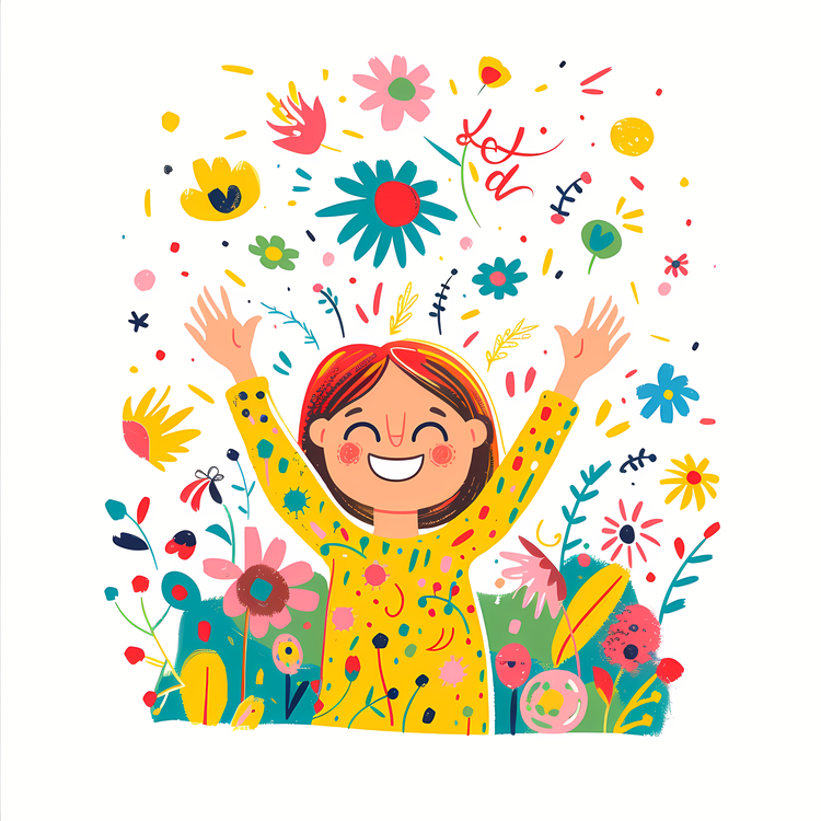 International Day Of Happiness,Happy Girl In Flower Field,Colorful Flowers