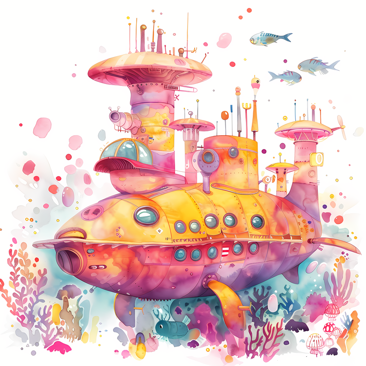Submarine Day,Colorful,Watercolor