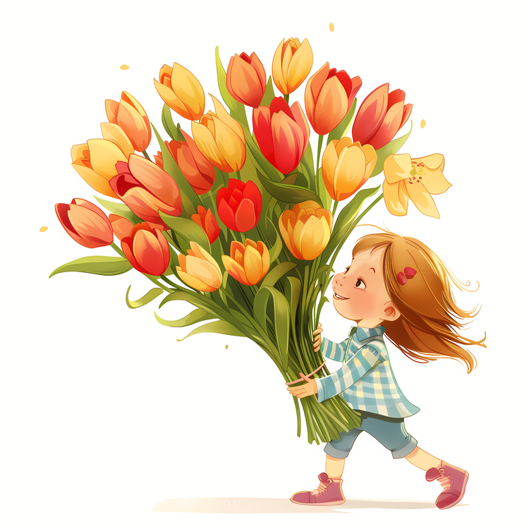 Kid And Huge Flowers Illustrate,Girl With Flowers,Tulips