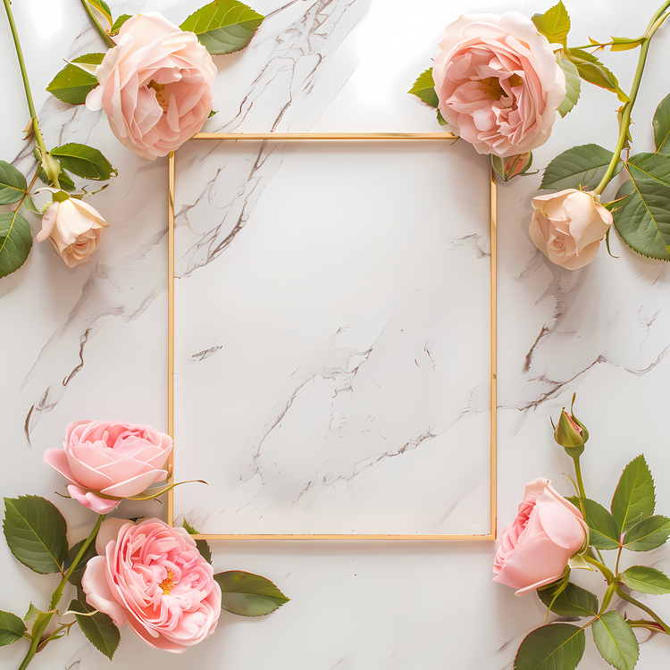 Wedding Frame,Pink Roses,Marble Texture