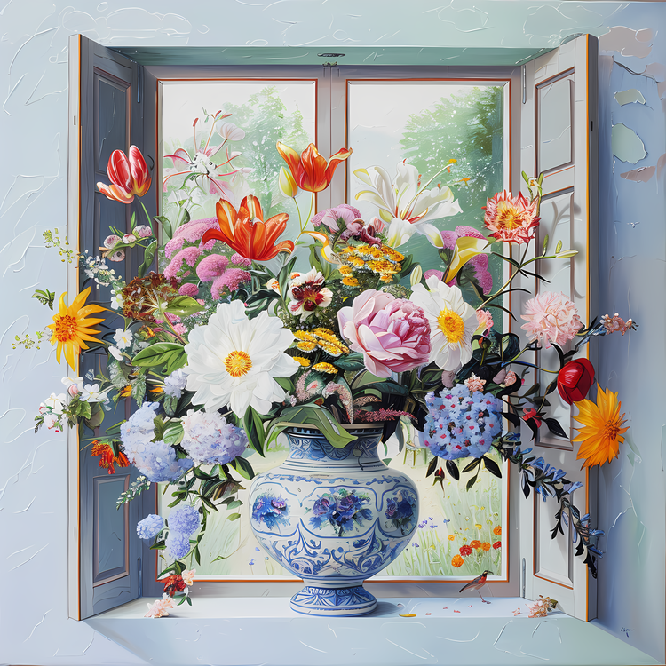 Window With Flowers,Painting,Flower Vase