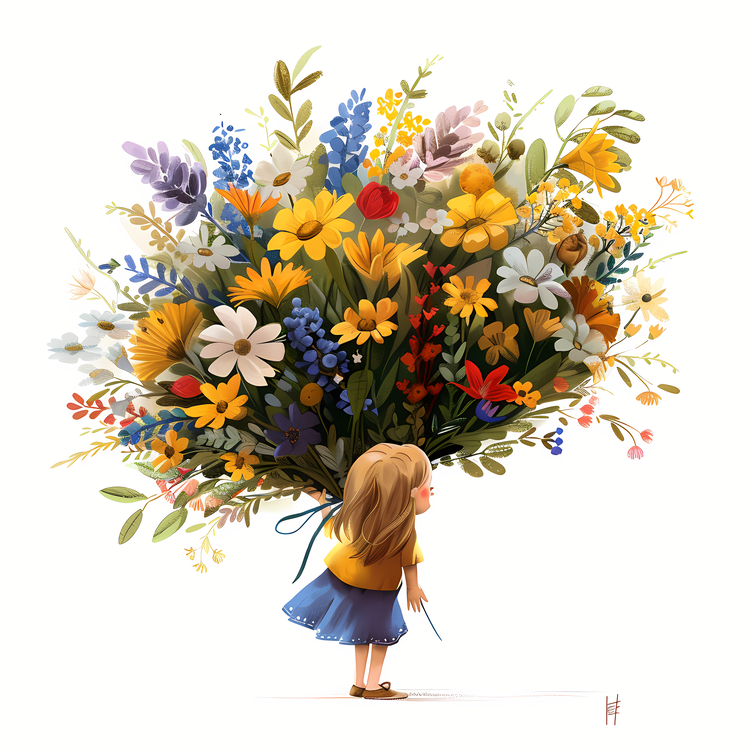 Kid And Huge Flowers Illustrate,Bouquet,Floral