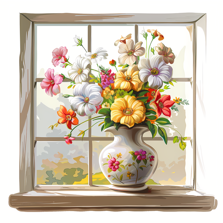 Window With Flowers,Vase,Flowers