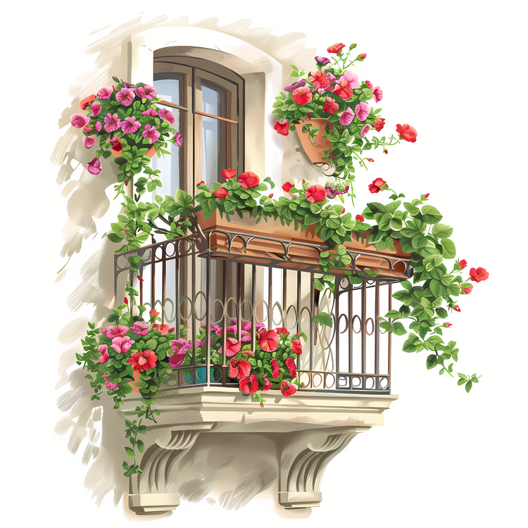 Balcony With Flowers,Window,Flower Pots