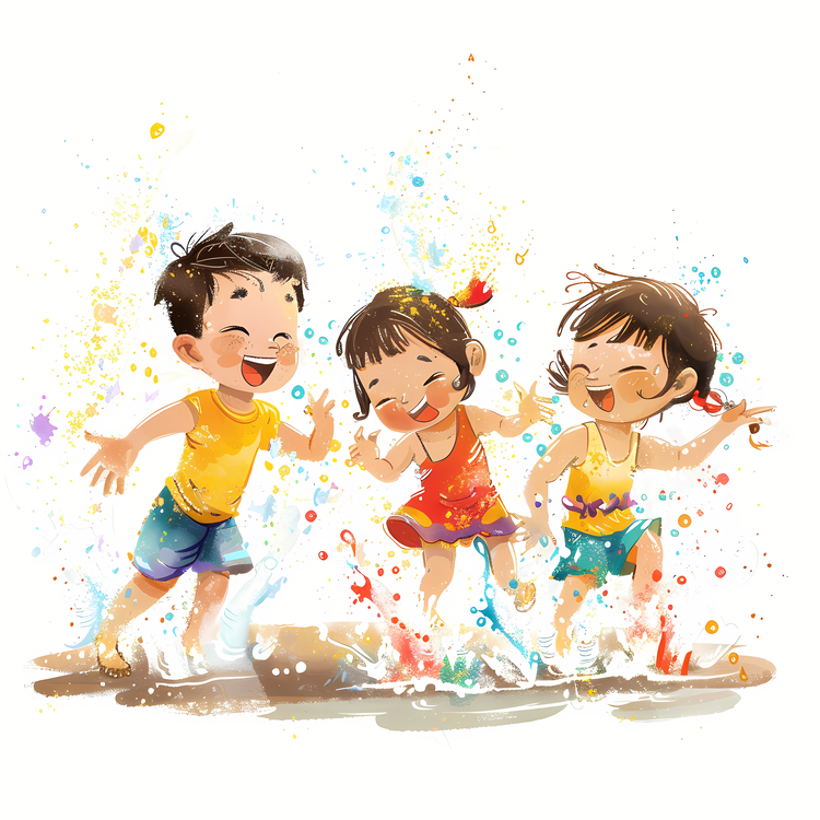 Songkran,Watercolor,Kids Playing In The Water