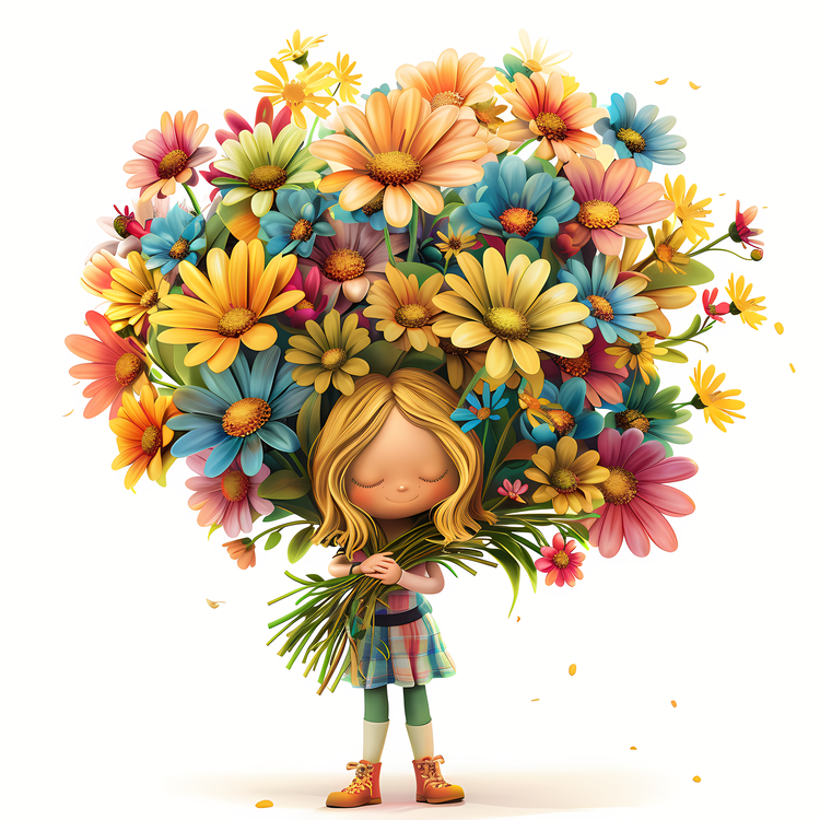 Kid And Huge Flowers Illustrate,Cute Girl Holding Flowers,Adorable Child With Flowers