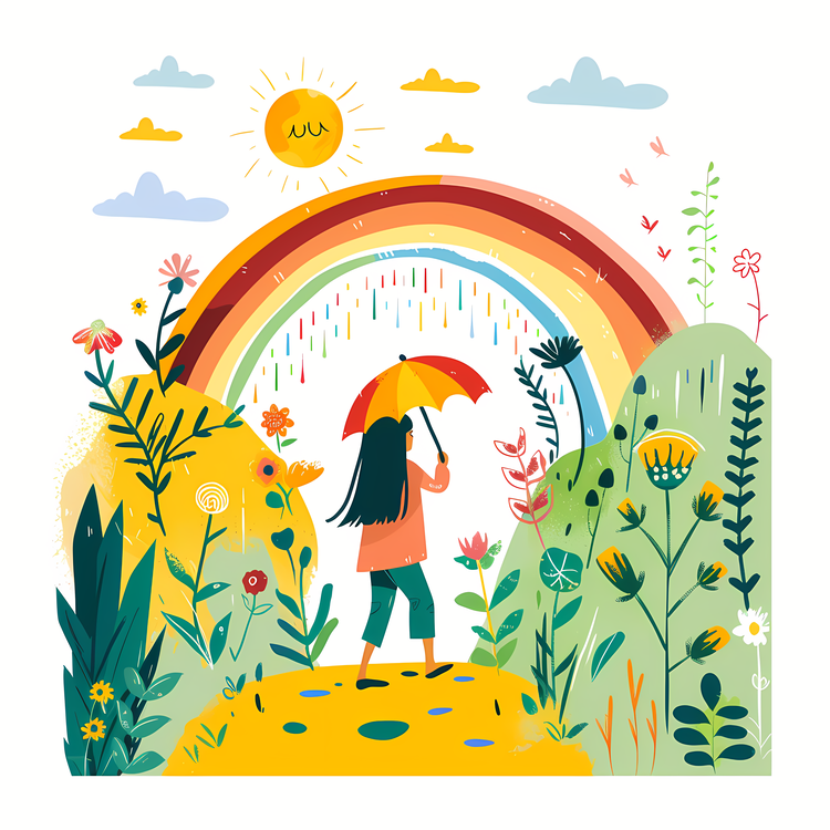 Find A Rainbow Day,Rainbow,Woman Walking In The Rain