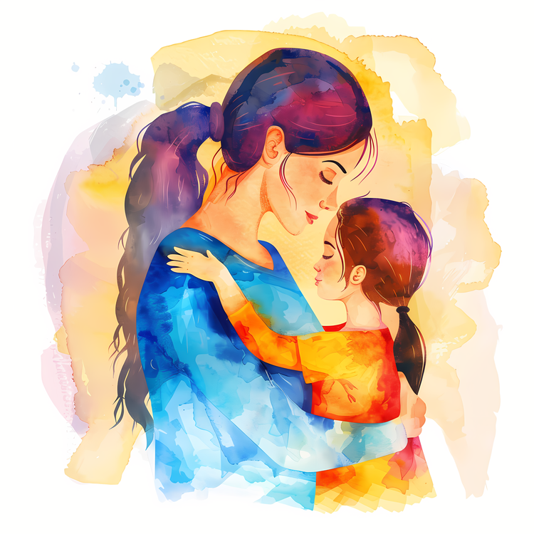 Mother And Daughter,Watercolor,Embrace