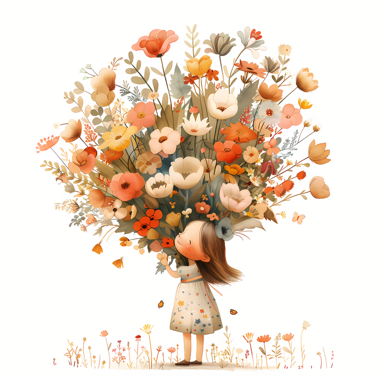 Kid And Huge Flowers Illustrate,Flowers,Bouquet