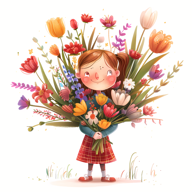 Kid And Huge Flowers Illustrate,Cute Girl With Flowers,Flower Bouquet