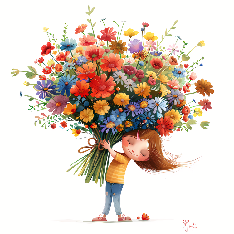 Kid And Huge Flowers Illustrate,Colorful Flowers,Vibrant Bouquet
