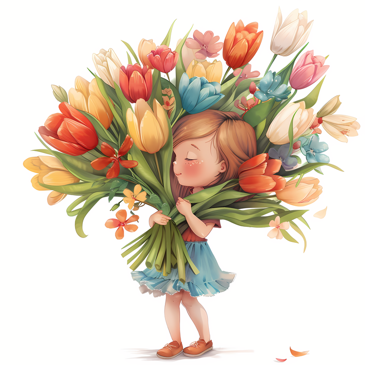 Kid And Huge Flowers Illustrate,Floral,Bouquet