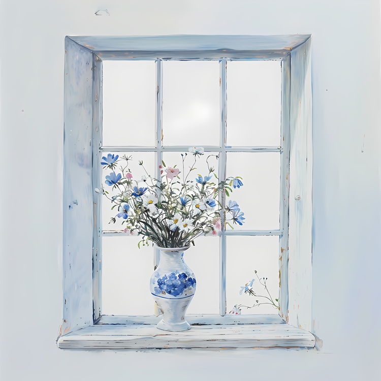 Window With Flowers,Vase,Blue Flowers