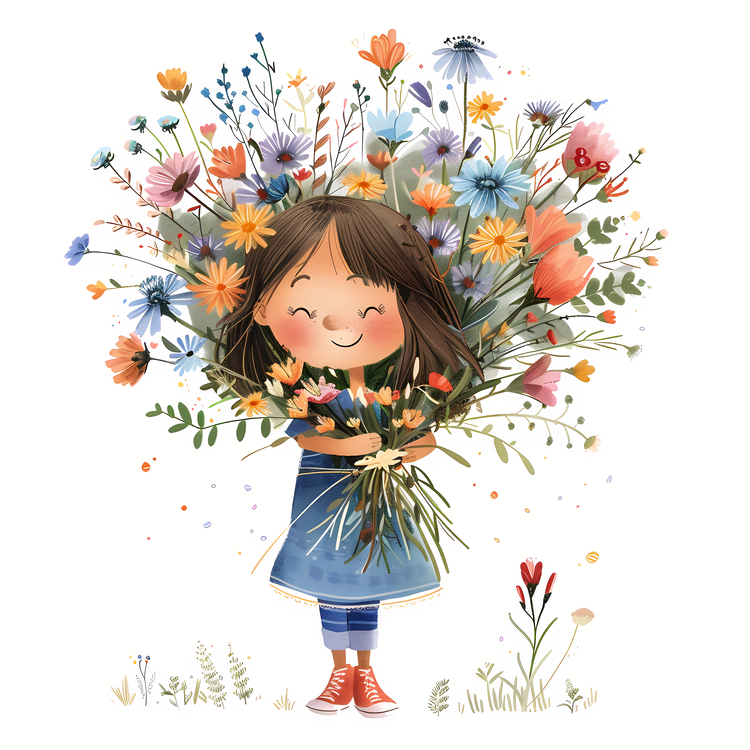 Kid And Huge Flowers Illustrate,Flower Girl,Watercolor Illustration