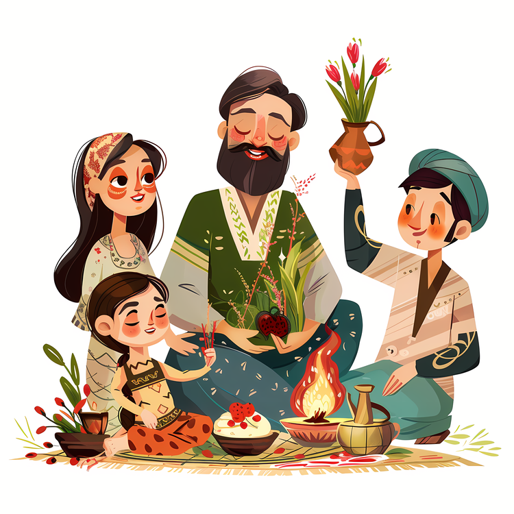 International Nowruz Day,Happy Family In The Kitchen,Father Holding A Lantern