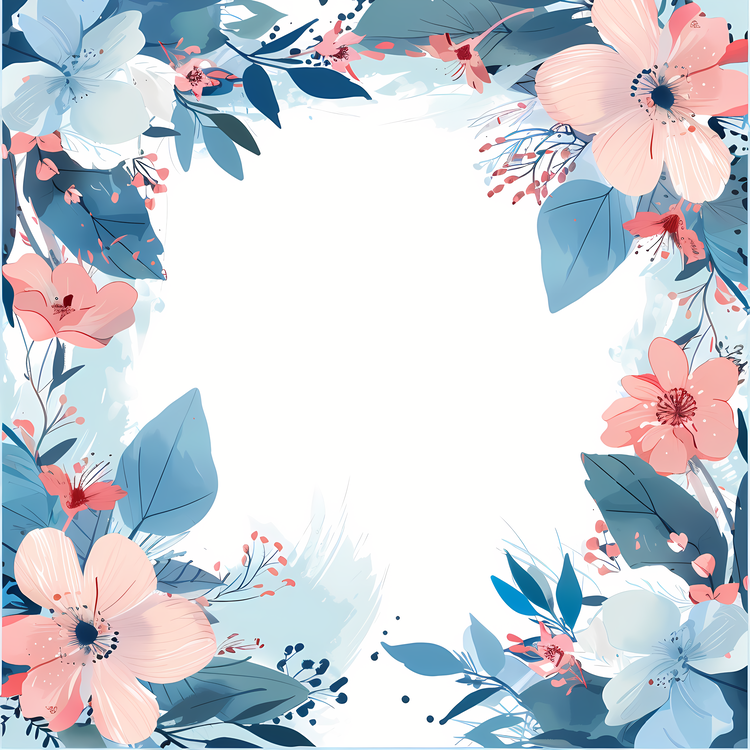 Floral Frame,Blue Flowers,Watercolor Background