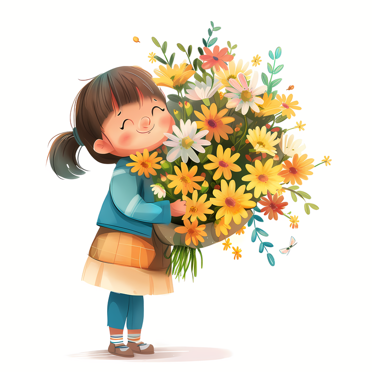 Kid And Huge Flowers Illustrate,Girl With Flowers,Flower Bouquet