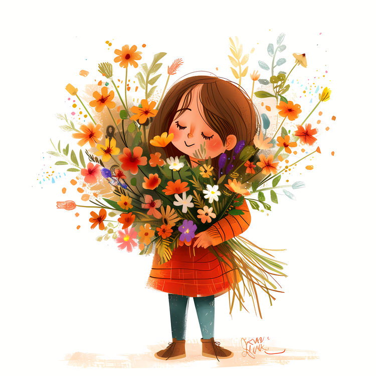 Kid And Huge Flowers Illustrate,Child,Holding Flowers