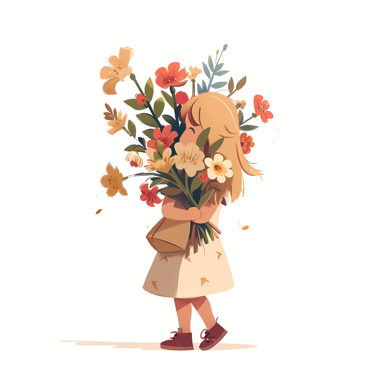 Kid And Huge Flowers Illustrate,Bouquet,Girl Holding Flowers