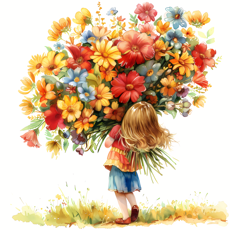 Kid And Huge Flowers Illustrate,Colorful,Watercolor Painting