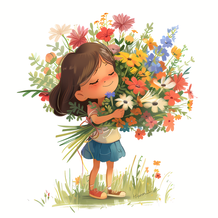 Kid And Huge Flowers Illustrate,Cartoon,Illustrations