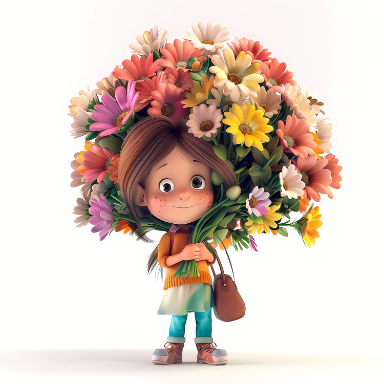 Kid And Huge Flowers Illustrate,Bouquet,Flowers