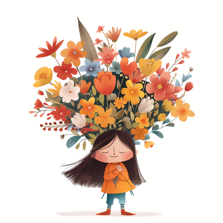 Kid And Huge Flowers Illustrate,Girl,Flower