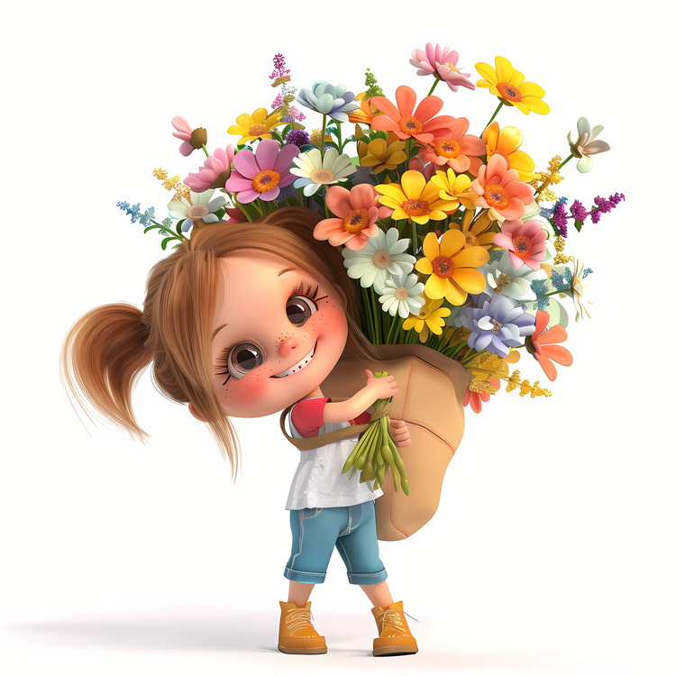 Kid And Huge Flowers Illustrate,Happy,Little Girl