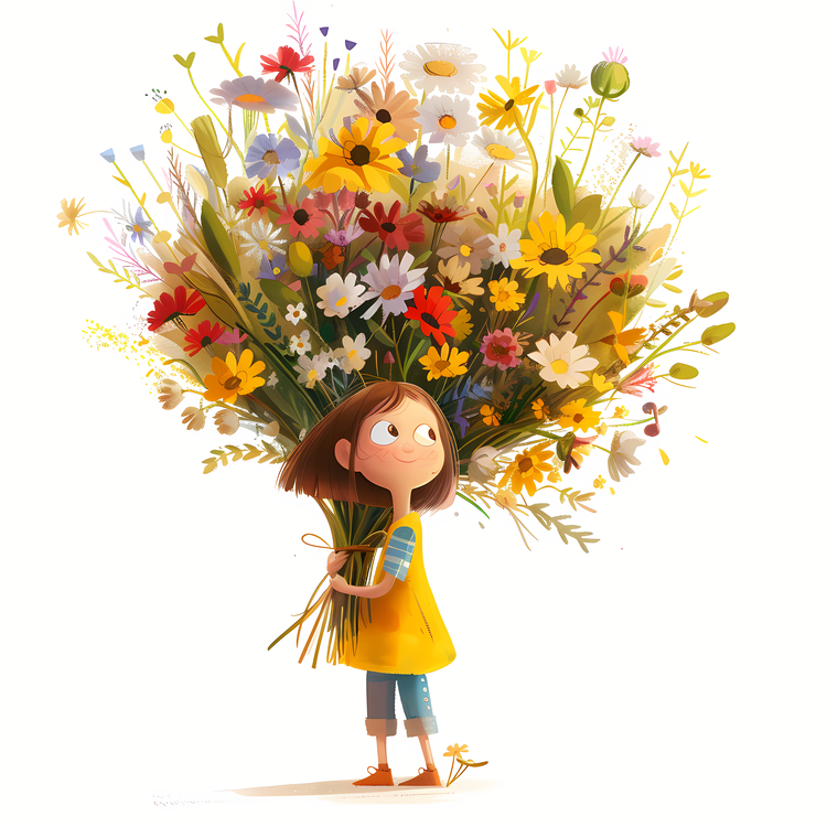 Kid And Huge Flowers Illustrate,Cute,Flower Girl