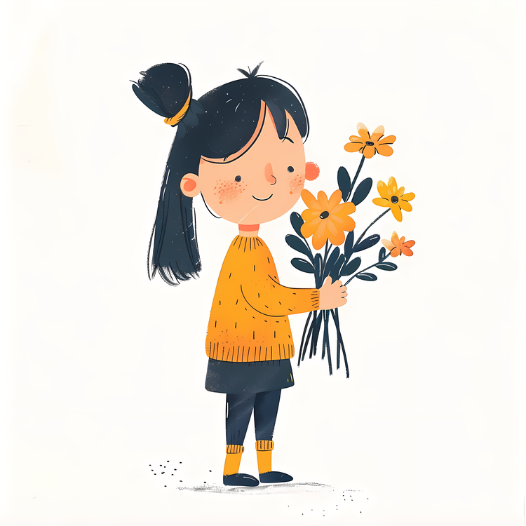 Girl Holding Flowers,Little Girl With Flowers,Cartoon Illustration