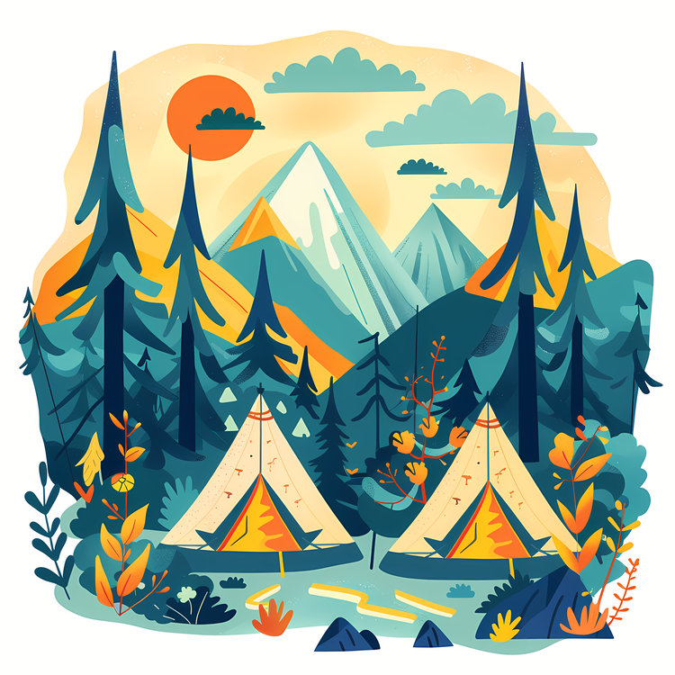 Summer Camp,Camping Tents In The Woods,Mountain Landscape