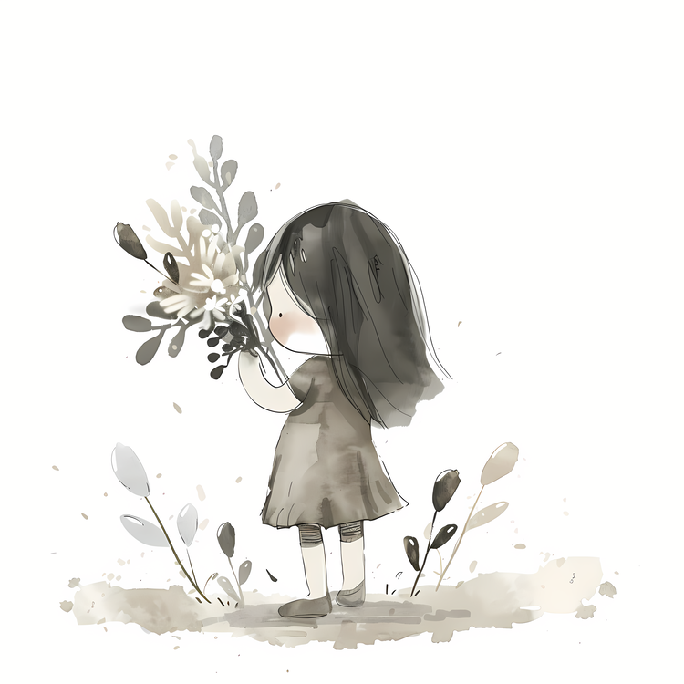 Girl Holding Flowers,Watercolor Illustration,Romantic Scene