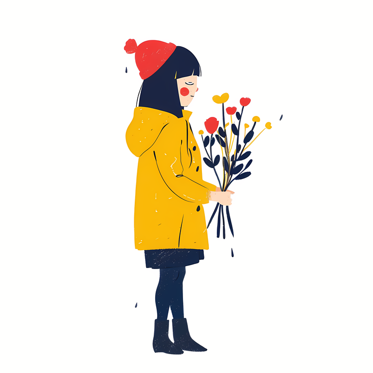 Girl Holding Flowers,Yellow Jacket,Hand Holding Flowers