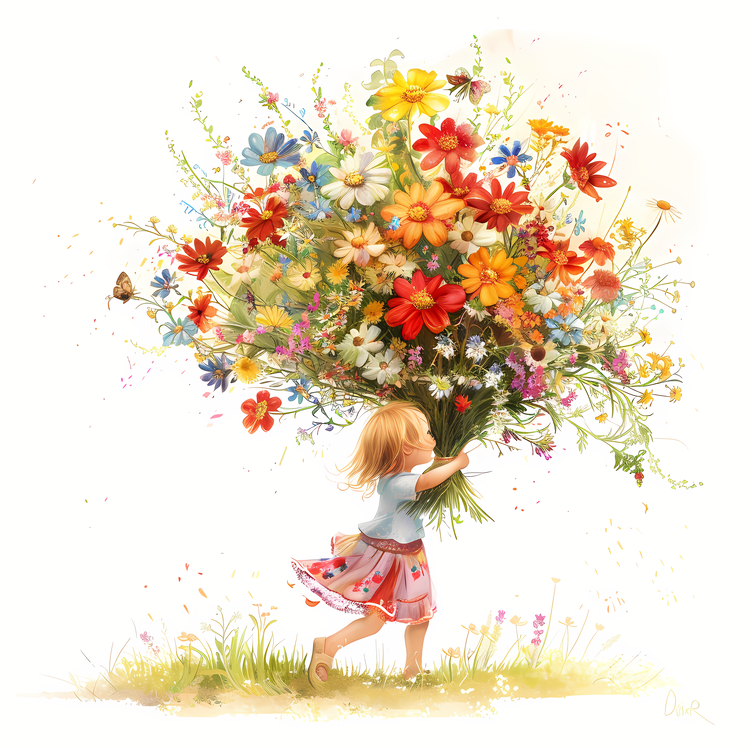 Kid And Huge Flowers Illustrate,Girl With Flowers,Floral Bouquet